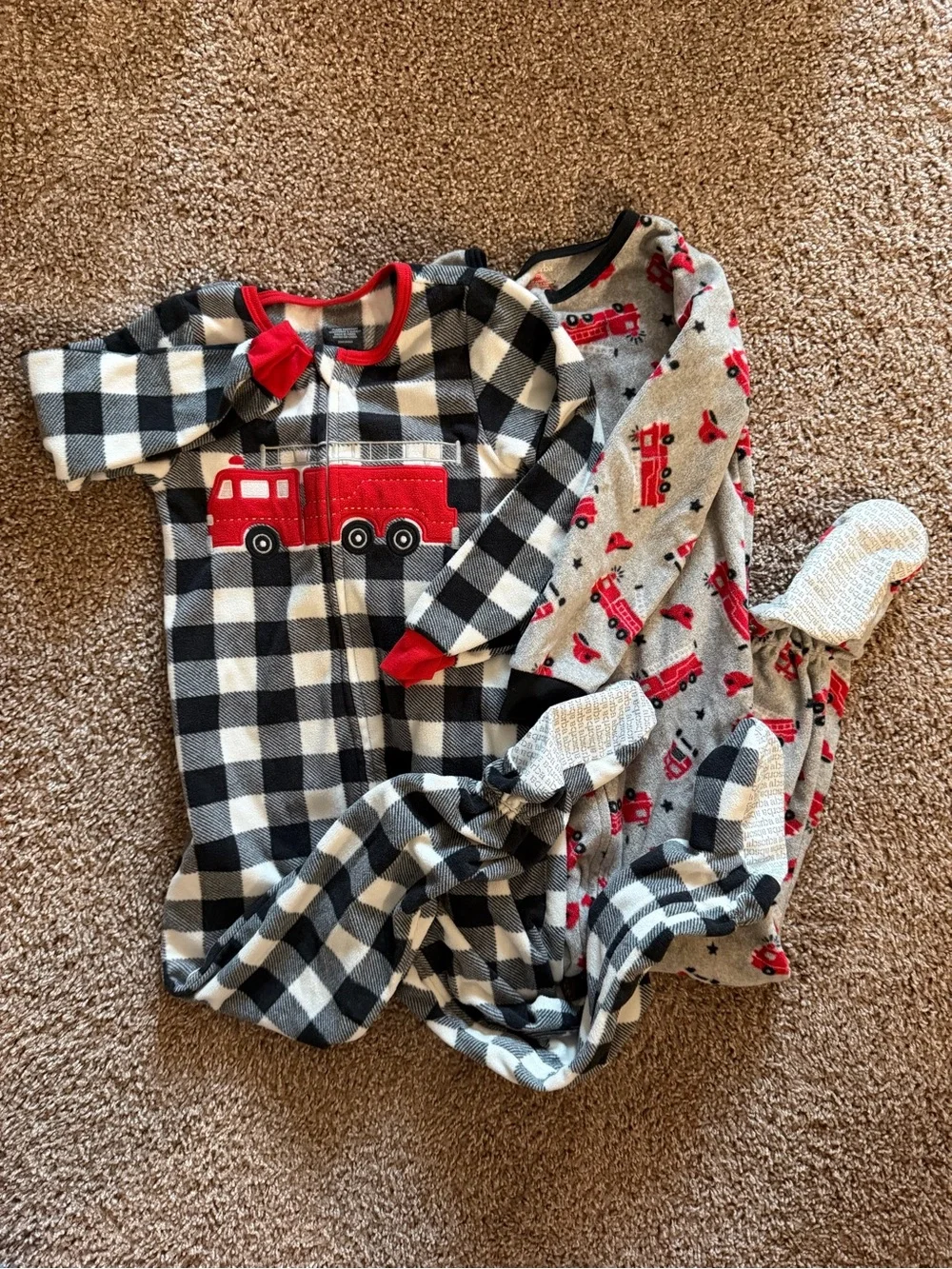 Unbranded Kids Red Fire Truck One-Piece Pajamas - Black & White Plaid